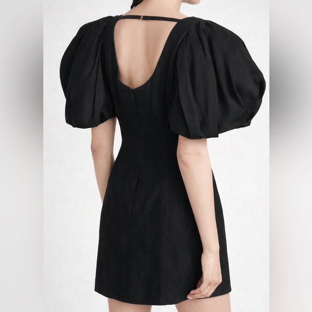 🆕 FRAME Noir Puff Sleeve Mini Dress S/P Black Viscose Linen Blend Party Office - Picture 3 of 17